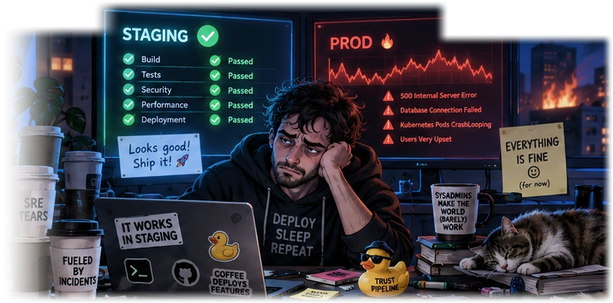 A sleep-deprived engineer sits between an all-green STAGING dashboard and a red PROD dashboard full of errors. Coffee cups, a sleeping cat, and a rubber duck labelled TRUST THE PIPELINE offer limited support. A note insists EVERYTHING IS FINE.